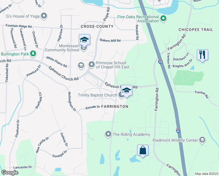 map of restaurants, bars, coffee shops, grocery stores, and more near 19 Cortona Drive in Durham