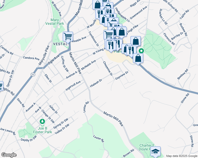 map of restaurants, bars, coffee shops, grocery stores, and more near 401 Hialeah Drive in Knoxville