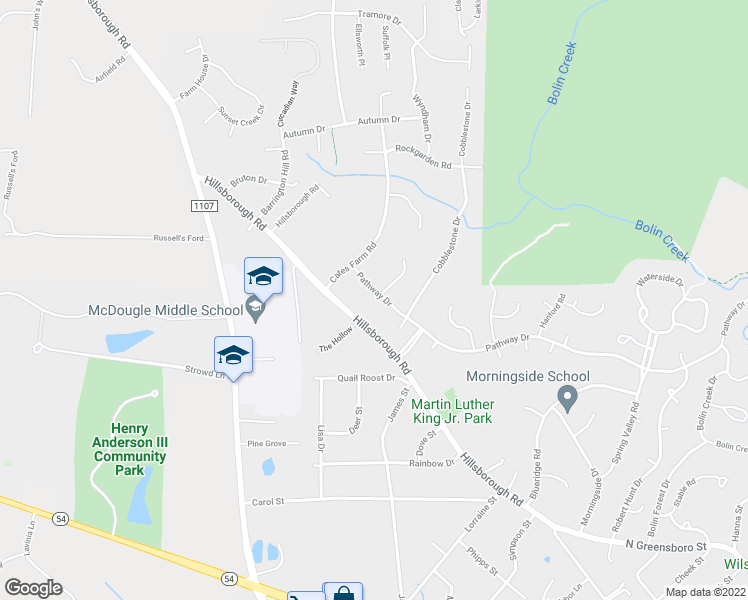 map of restaurants, bars, coffee shops, grocery stores, and more near 2401 Pathway Drive in Chapel Hill