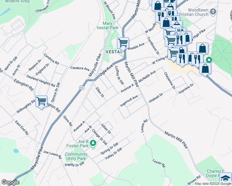 map of restaurants, bars, coffee shops, grocery stores, and more near 4425 Immanuel Street Southwest in Knoxville