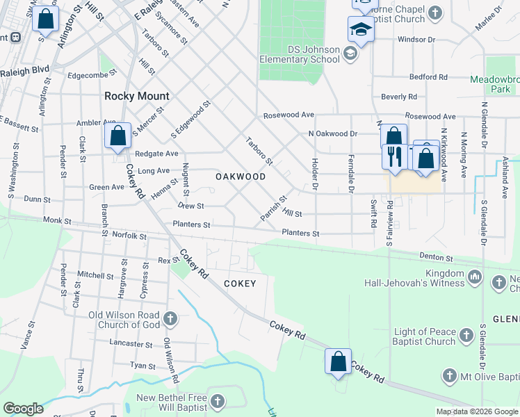 map of restaurants, bars, coffee shops, grocery stores, and more near 1128 Long Avenue in Rocky Mount