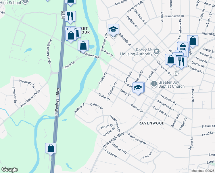 map of restaurants, bars, coffee shops, grocery stores, and more near 1608 Graham Street in Rocky Mount