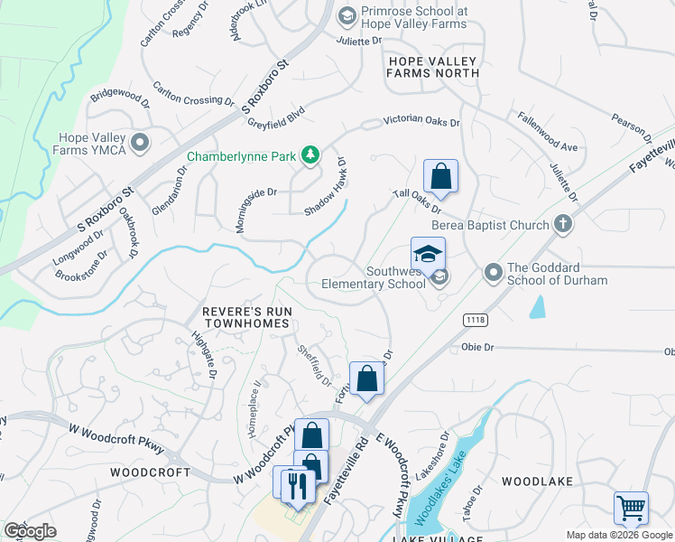 map of restaurants, bars, coffee shops, grocery stores, and more near 8 Brynhurst Ct in Durham