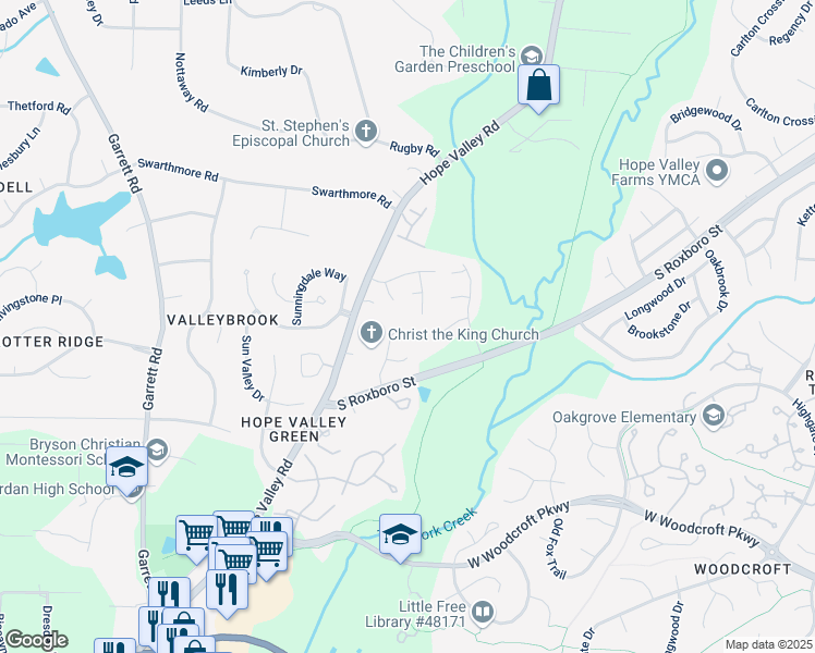 map of restaurants, bars, coffee shops, grocery stores, and more near 3511 Shady Creek Drive in Durham