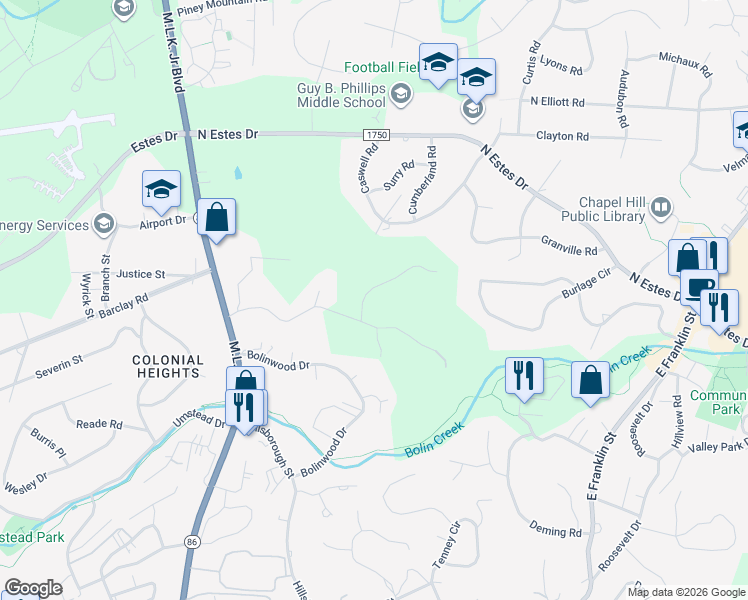 map of restaurants, bars, coffee shops, grocery stores, and more near 40 Cedar Street in Chapel Hill