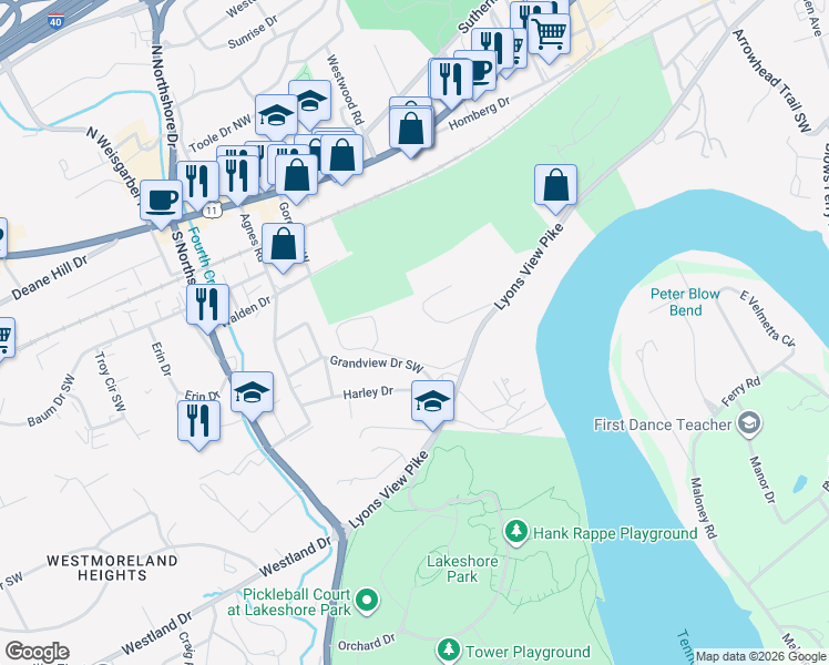 map of restaurants, bars, coffee shops, grocery stores, and more near 5709 Lyons View Pike in Knoxville