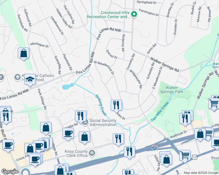 map of restaurants, bars, coffee shops, grocery stores, and more near 612 Hardwicke Drive in Knoxville