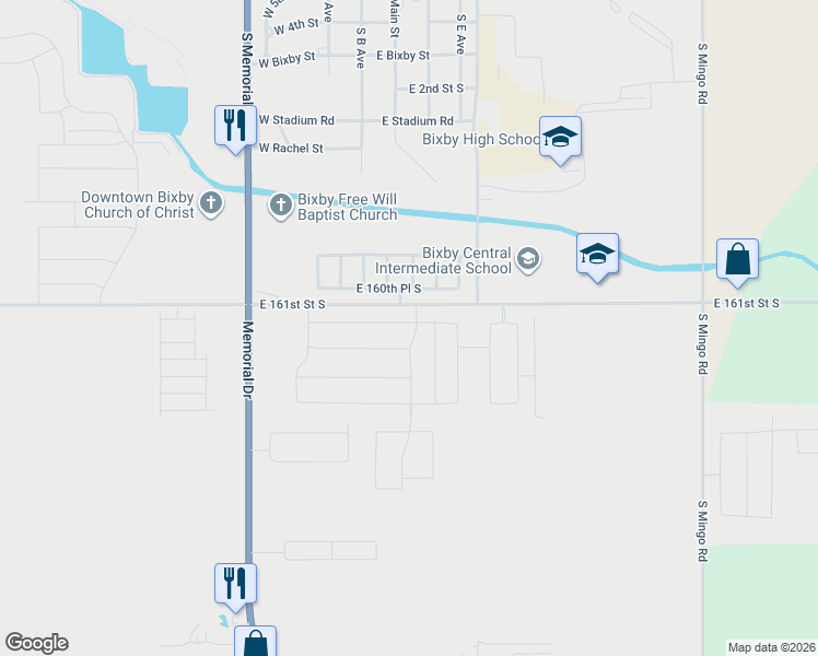 map of restaurants, bars, coffee shops, grocery stores, and more near 8722 East 160th Place South in Bixby