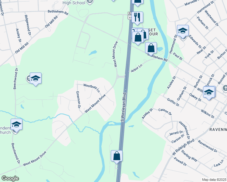 map of restaurants, bars, coffee shops, grocery stores, and more near 1113 West Mount Drive in Rocky Mount