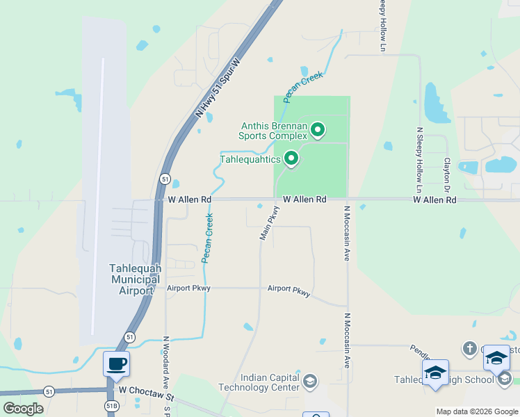map of restaurants, bars, coffee shops, grocery stores, and more near 1047 West Allen Road in Tahlequah