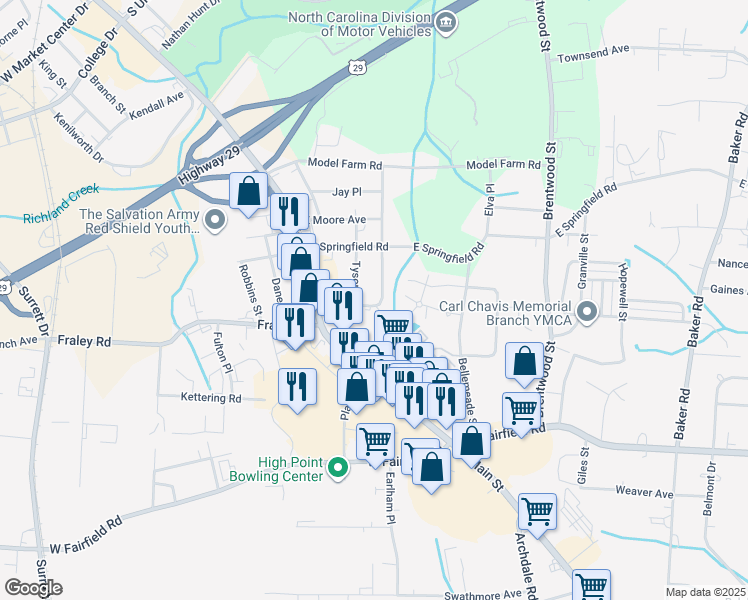 map of restaurants, bars, coffee shops, grocery stores, and more near 2420 Francis Street in High Point