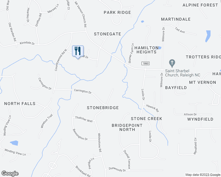 map of restaurants, bars, coffee shops, grocery stores, and more near 10513 Whitestone Road in Raleigh