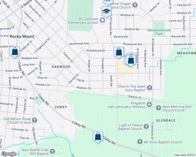 map of restaurants, bars, coffee shops, grocery stores, and more near 1324 Hill Street in Rocky Mount