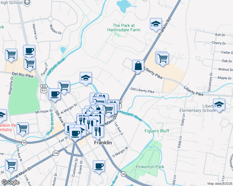 map of restaurants, bars, coffee shops, grocery stores, and more near 151 Franklin Road in Franklin