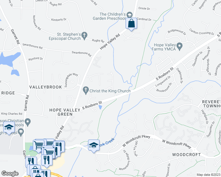 map of restaurants, bars, coffee shops, grocery stores, and more near 3 Fieldcrest Court in Durham