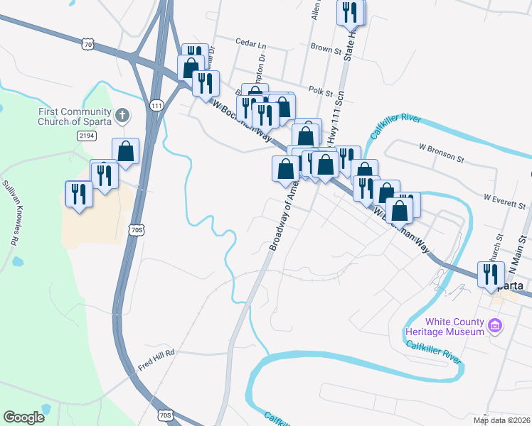 map of restaurants, bars, coffee shops, grocery stores, and more near 426 Town Creek Street in Sparta