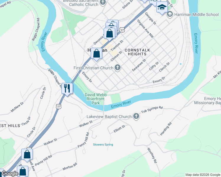 map of restaurants, bars, coffee shops, grocery stores, and more near 302 Byrd Ave in Harriman