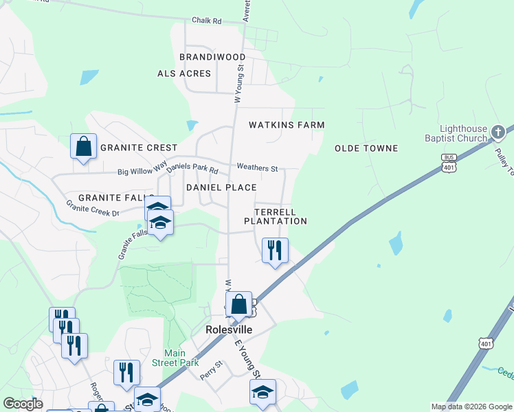 map of restaurants, bars, coffee shops, grocery stores, and more near 212 Terrell Drive in Rolesville