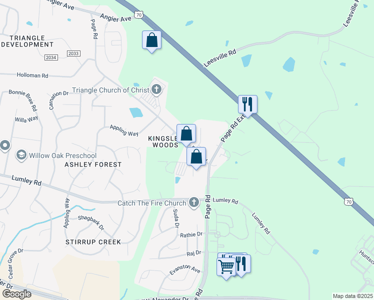 map of restaurants, bars, coffee shops, grocery stores, and more near 2116 Page Road in Durham