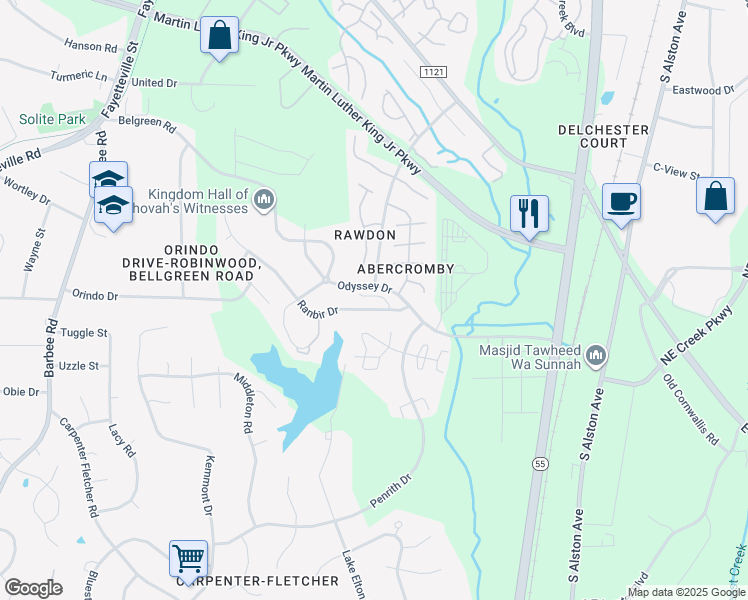 map of restaurants, bars, coffee shops, grocery stores, and more near 3616 Sana Court in Durham