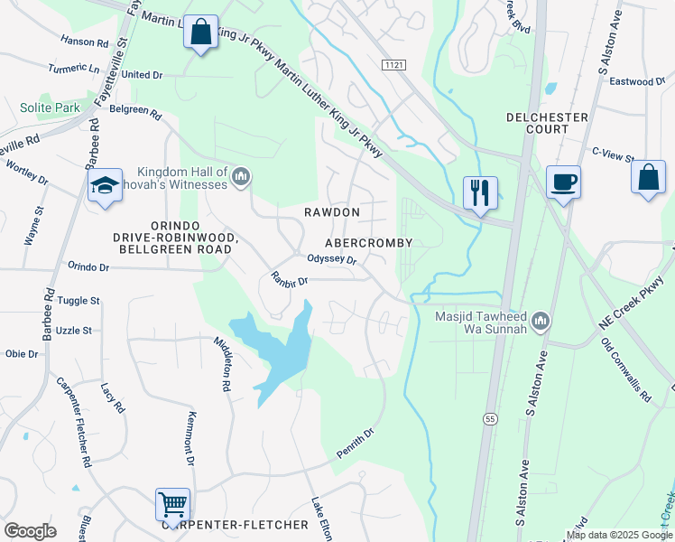 map of restaurants, bars, coffee shops, grocery stores, and more near 3614 Sana Court in Durham