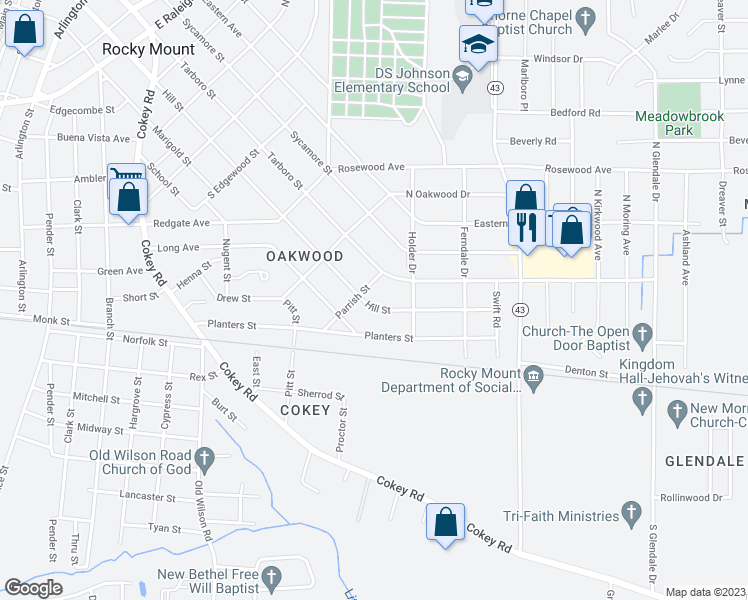 map of restaurants, bars, coffee shops, grocery stores, and more near 1208 Hill Street in Rocky Mount