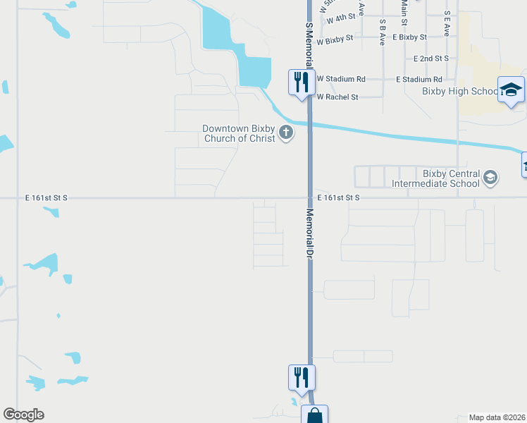 map of restaurants, bars, coffee shops, grocery stores, and more near 6800-6898 East 161st St S in Bixby