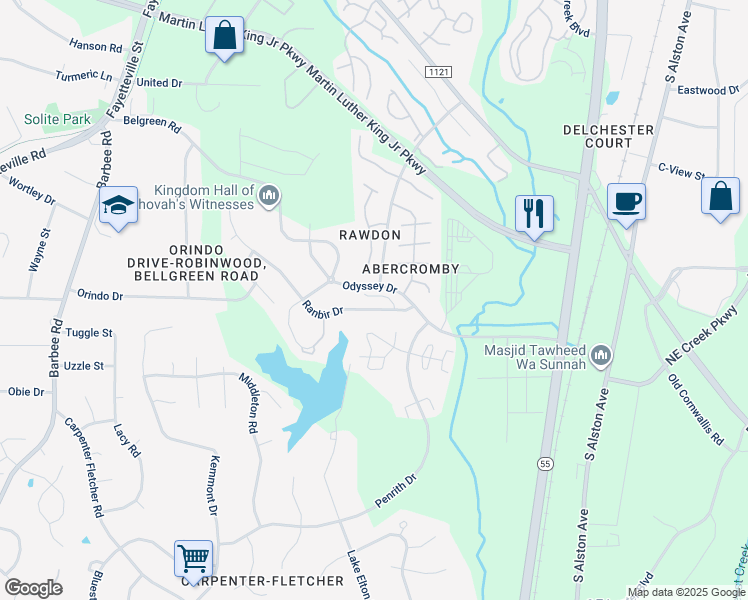 map of restaurants, bars, coffee shops, grocery stores, and more near 3614 Sana Court in Durham
