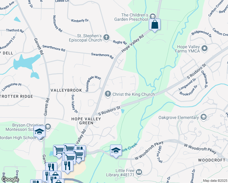 map of restaurants, bars, coffee shops, grocery stores, and more near 3511 Shady Creek Drive in Durham