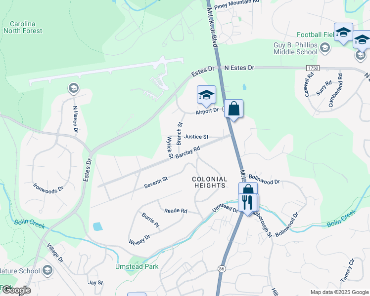 map of restaurants, bars, coffee shops, grocery stores, and more near 202 Barclay Road in Chapel Hill