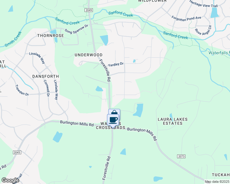 map of restaurants, bars, coffee shops, grocery stores, and more near 1512 Margrave Drive in Wake Forest