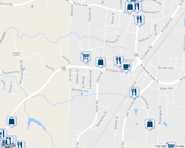 map of restaurants, bars, coffee shops, grocery stores, and more near 109 Lansdowne Street in High Point