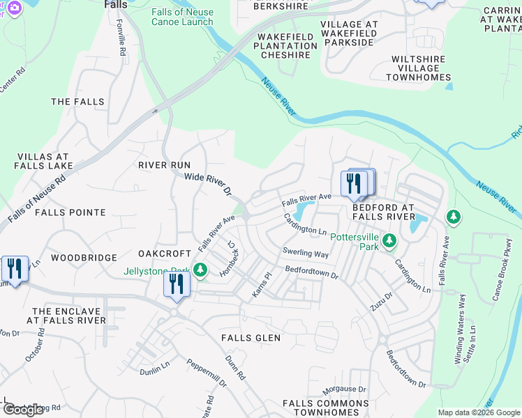 map of restaurants, bars, coffee shops, grocery stores, and more near 2315 Wide River Drive in Raleigh