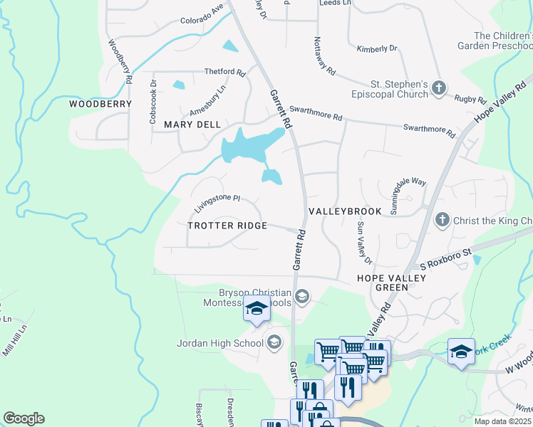 map of restaurants, bars, coffee shops, grocery stores, and more near 4007 Livingstone Place in Durham