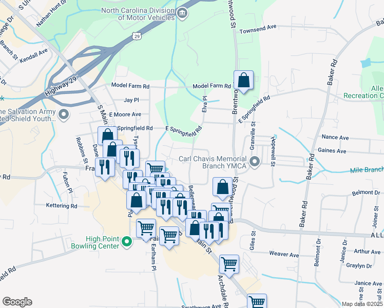 map of restaurants, bars, coffee shops, grocery stores, and more near 2387 Bellemeade Street in High Point