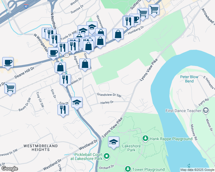 map of restaurants, bars, coffee shops, grocery stores, and more near 5709 Lyons View Pike in Knoxville