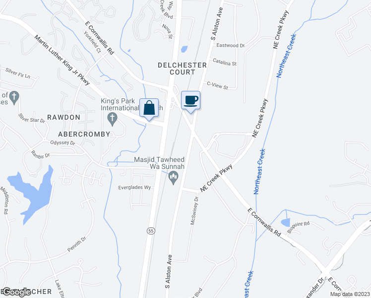 map of restaurants, bars, coffee shops, grocery stores, and more near 3411 Apex Highway in Durham