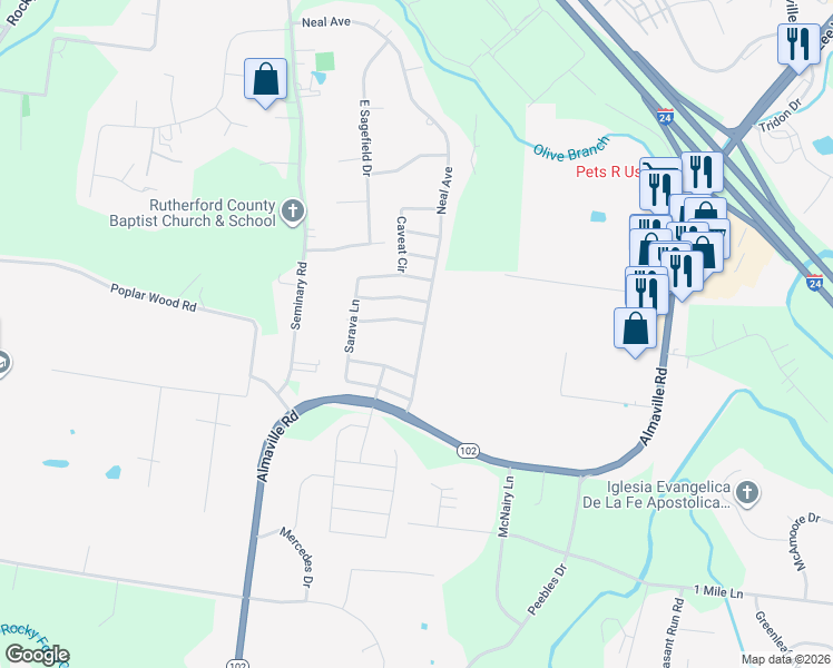map of restaurants, bars, coffee shops, grocery stores, and more near 246 Neal Avenue in Smyrna