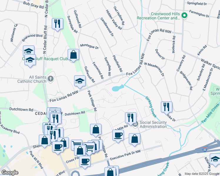 map of restaurants, bars, coffee shops, grocery stores, and more near 9178 Fox Lake Drive in Knoxville