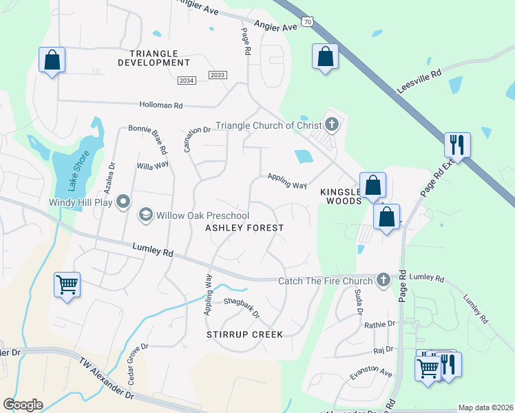 map of restaurants, bars, coffee shops, grocery stores, and more near 3607 Long Ridge Road in Durham