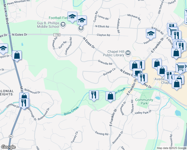 map of restaurants, bars, coffee shops, grocery stores, and more near 328 Burlage Circle in Chapel Hill