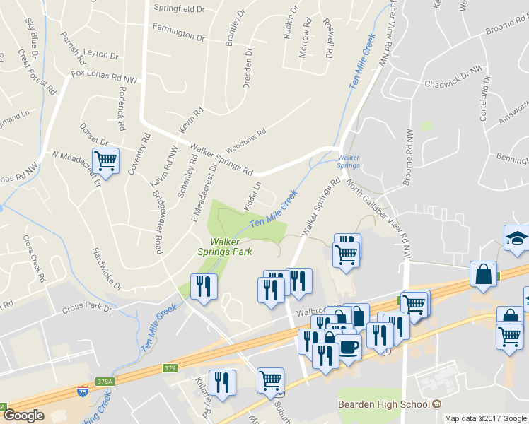 map of restaurants, bars, coffee shops, grocery stores, and more near 332 Creekview Lane in Knoxville