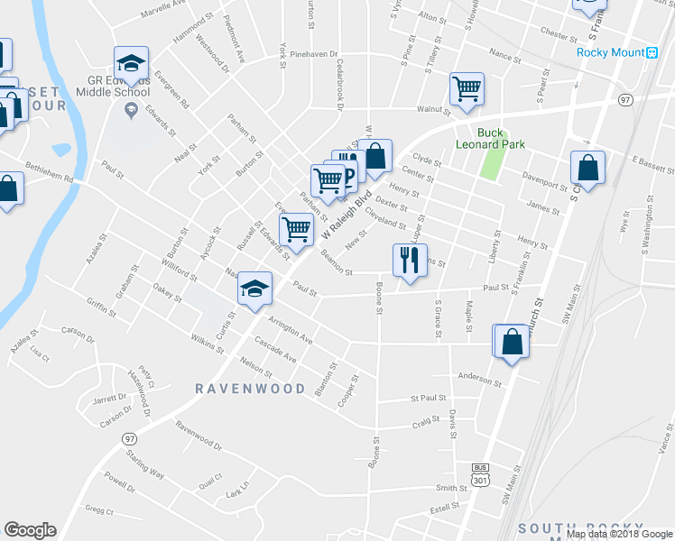 map of restaurants, bars, coffee shops, grocery stores, and more near 702 Beamon Street in Rocky Mount