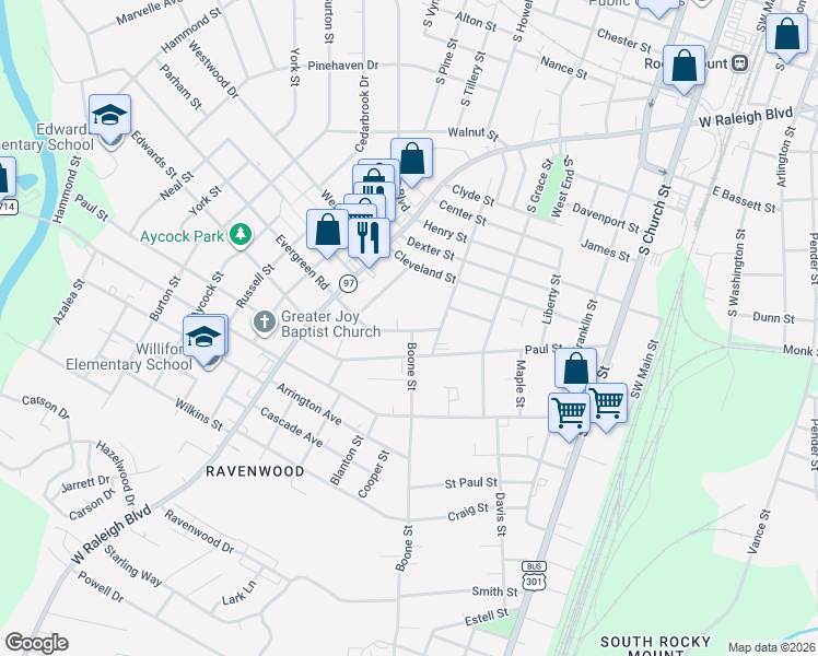 map of restaurants, bars, coffee shops, grocery stores, and more near 602 Beamon Street in Rocky Mount