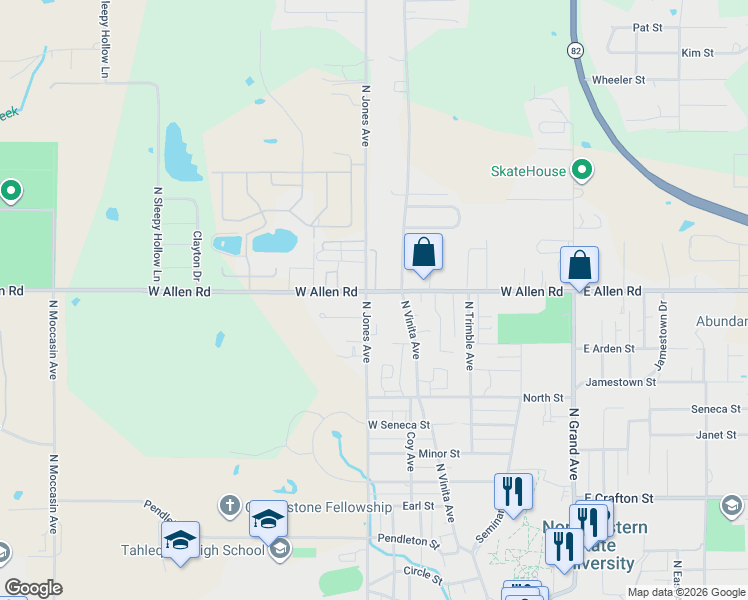 map of restaurants, bars, coffee shops, grocery stores, and more near 503 West Allen Road in Tahlequah
