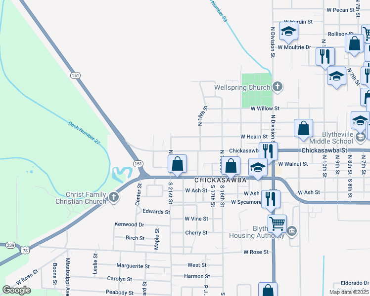 map of restaurants, bars, coffee shops, grocery stores, and more near 2018 Chickasawba Street in Blytheville