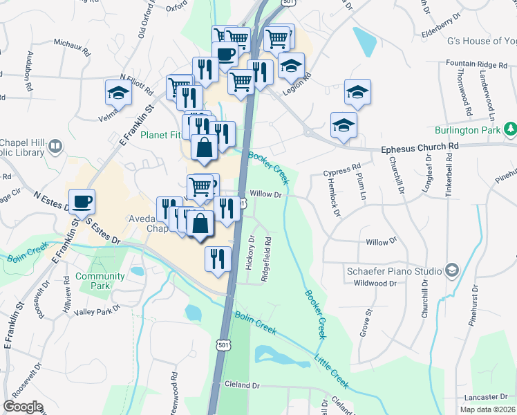 map of restaurants, bars, coffee shops, grocery stores, and more near 304 Hickory Drive in Chapel Hill