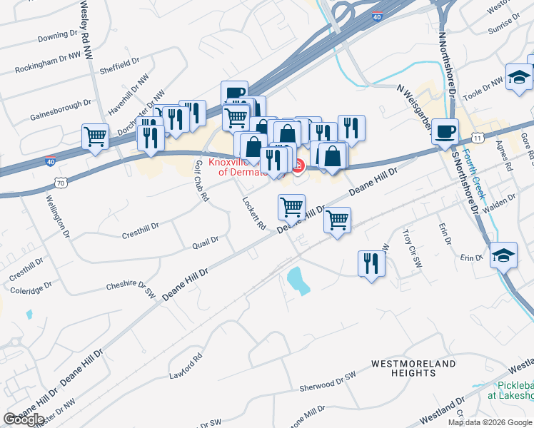 map of restaurants, bars, coffee shops, grocery stores, and more near 6525 Deane Hill Drive in Knoxville
