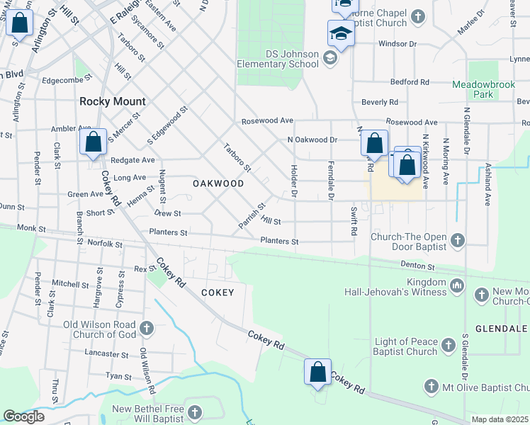 map of restaurants, bars, coffee shops, grocery stores, and more near 1204 Hill Street in Rocky Mount