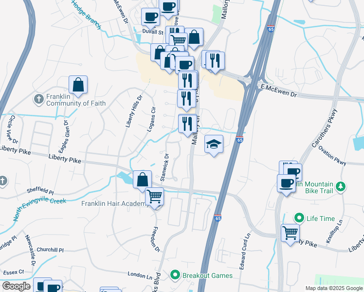 map of restaurants, bars, coffee shops, grocery stores, and more near 706 Huffine Manor Circle in Franklin